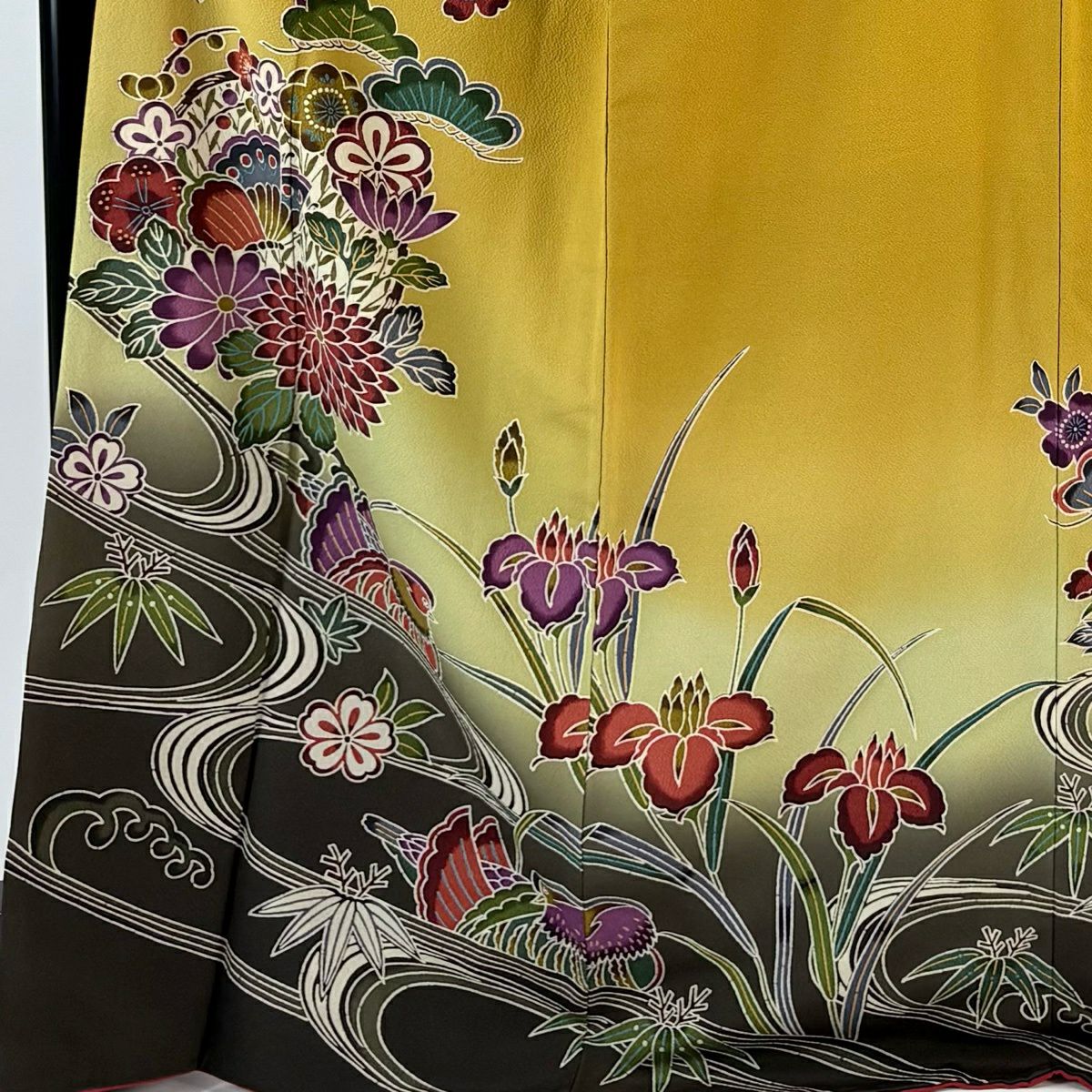 【美品】振袖禮服 身長170cm 袖長70.5cm L 雙層 鴛鴦 花與蝶 漸層 黃土色 純蠶絲 名品級
