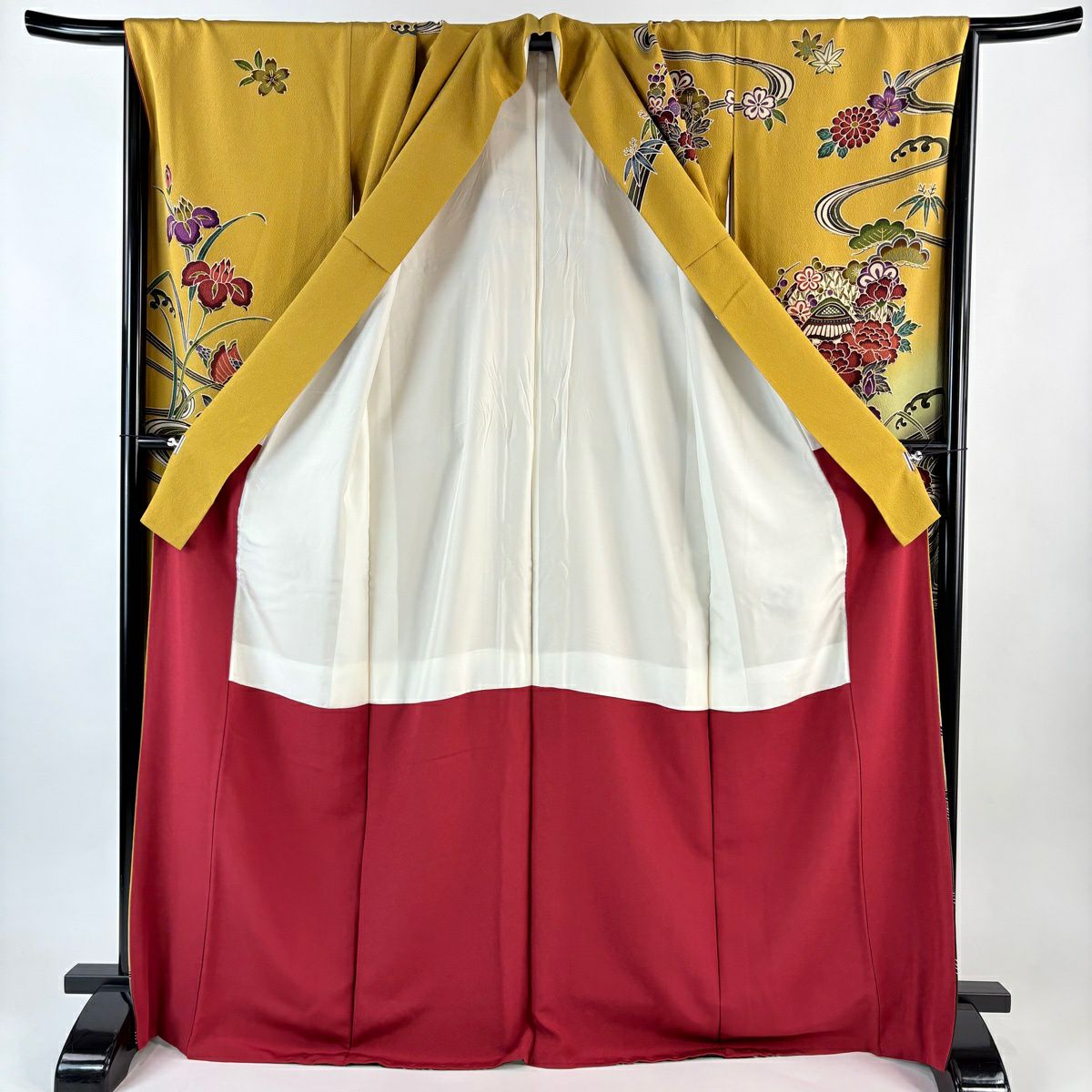 【美品】振袖禮服 身長170cm 袖長70.5cm L 雙層 鴛鴦 花與蝶 漸層 黃土色 純蠶絲 名品級