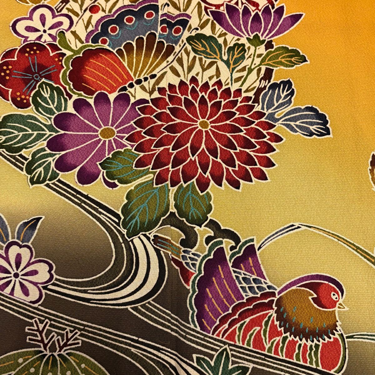 【美品】振袖禮服 身長170cm 袖長70.5cm L 雙層 鴛鴦 花與蝶 漸層 黃土色 純蠶絲 名品級