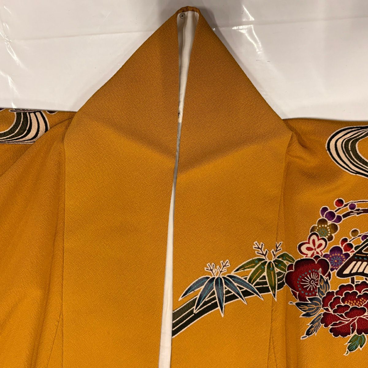 【美品】振袖禮服 身長170cm 袖長70.5cm L 雙層 鴛鴦 花與蝶 漸層 黃土色 純蠶絲 名品級