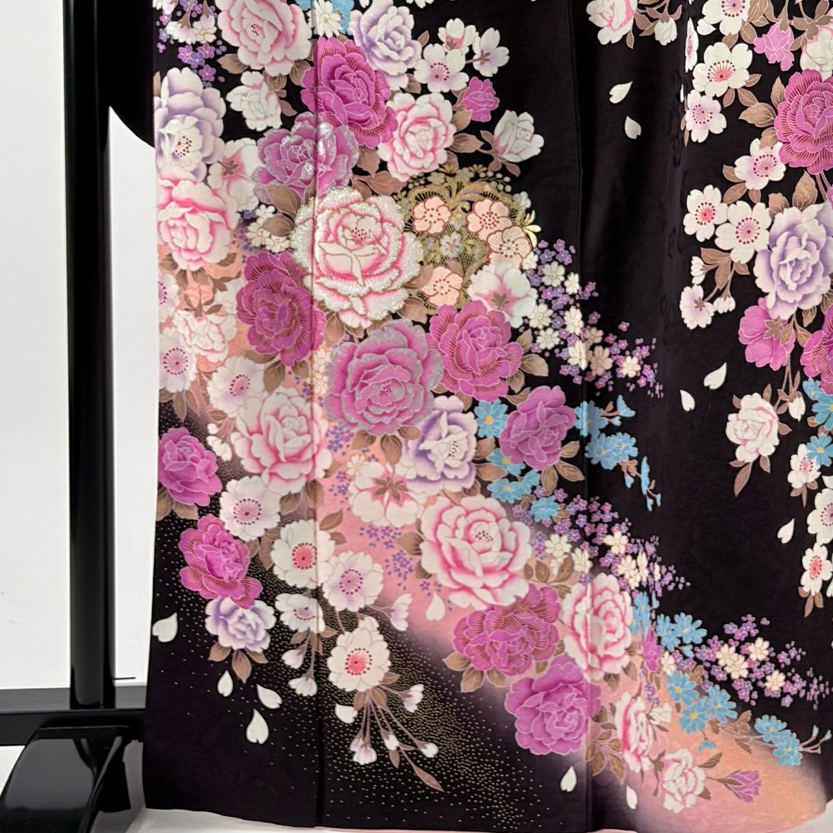 振袖禮服 身長166cm 袖長65.5cm M 雙層 薔薇 櫻花 金金箔 水晶 濃紫 純蠶絲 名品級