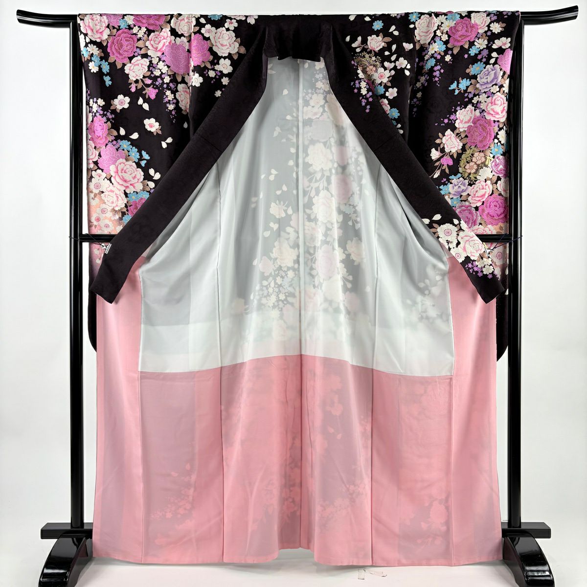振袖禮服 身長166cm 袖長65.5cm M 雙層 薔薇 櫻花 金金箔 水晶 濃紫 純蠶絲 名品級