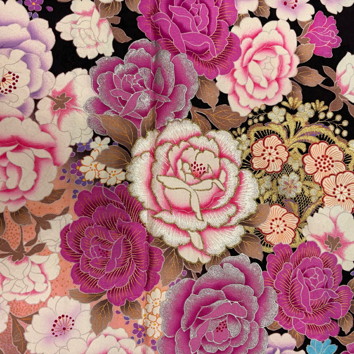 振袖禮服 身長166cm 袖長65.5cm M 雙層 薔薇 櫻花 金金箔 水晶 濃紫 純蠶絲 名品級