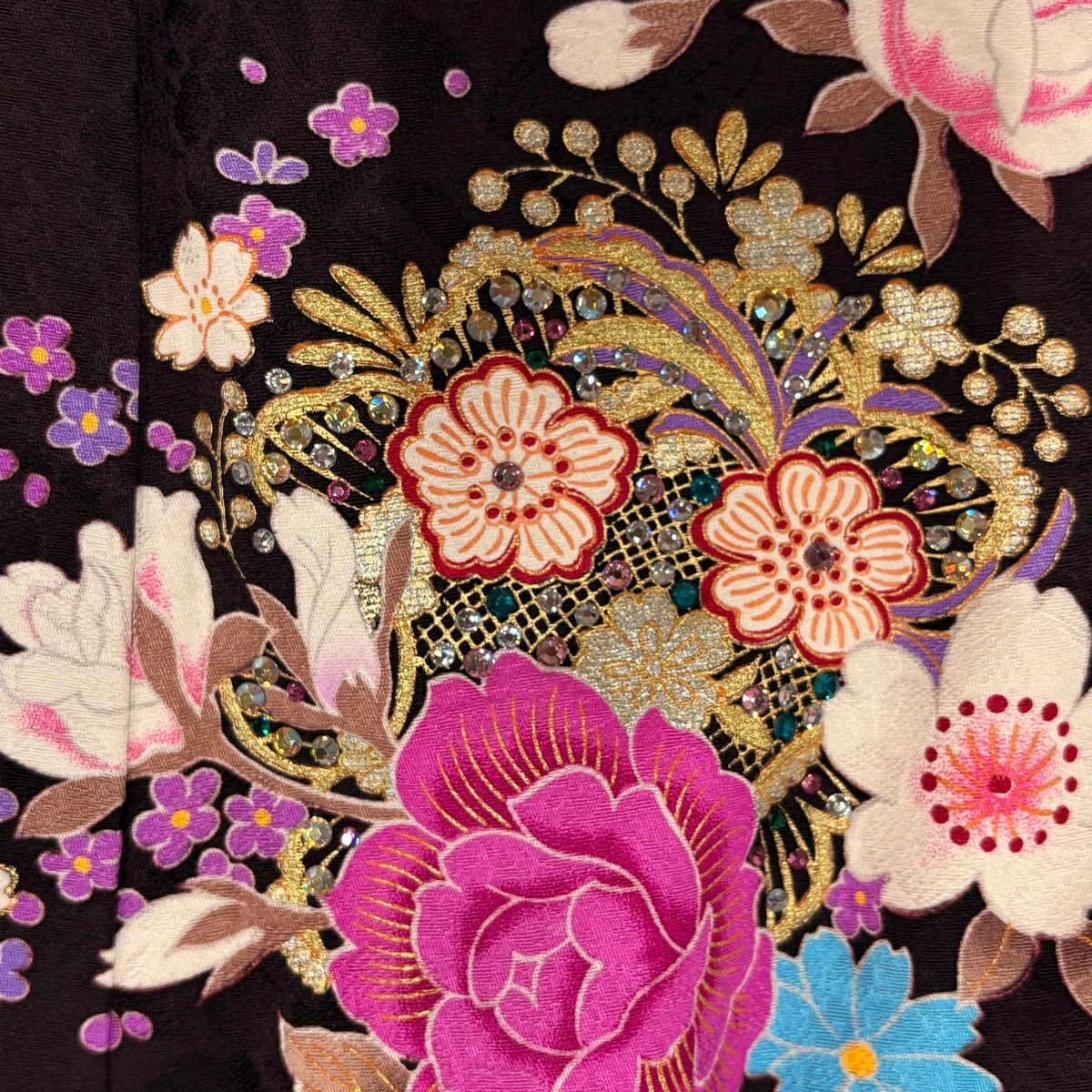 振袖禮服 身長166cm 袖長65.5cm M 雙層 薔薇 櫻花 金金箔 水晶 濃紫 純蠶絲 名品級
