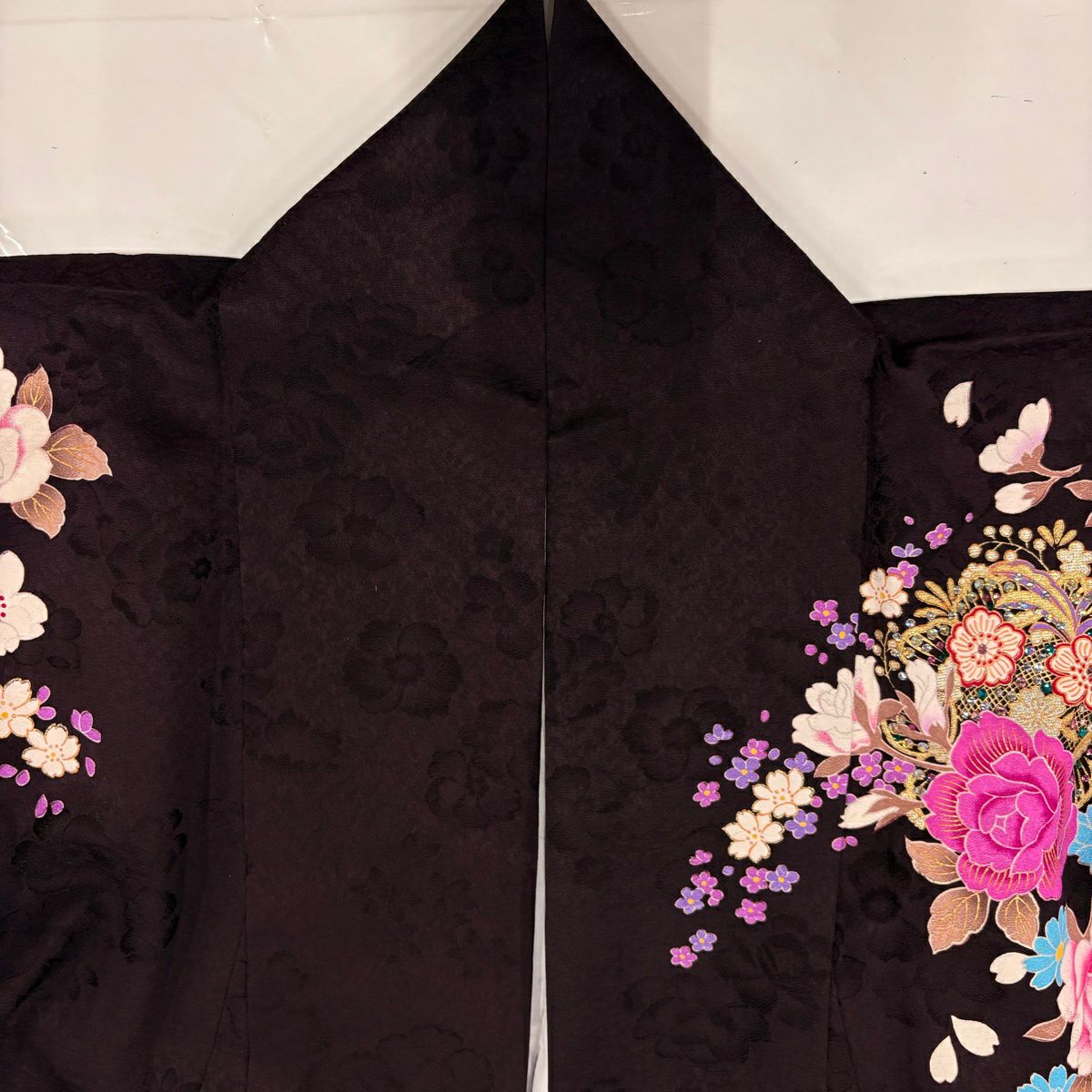 振袖禮服 身長166cm 袖長65.5cm M 雙層 薔薇 櫻花 金金箔 水晶 濃紫 純蠶絲 名品級