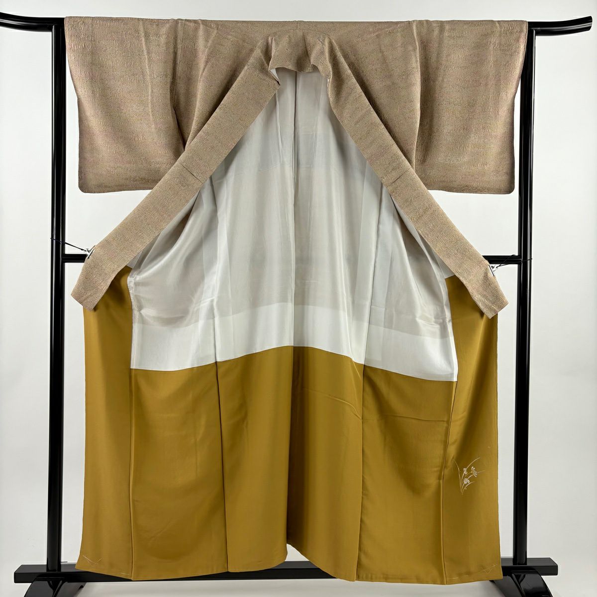 【美品】 小紋 身長158cm 袖長64cm M 雙層 陶彩染 幾何圖案 淺茶 純蠶絲 名品級