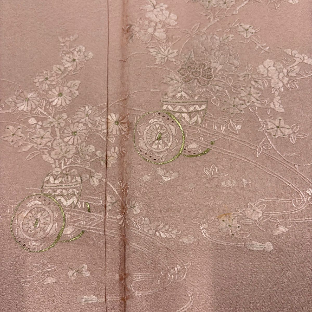 付下 身長157cm 袖長67cm M 雙層 花車刺繡 金絲 粉紅 純蠶絲 秀品級 一個紋