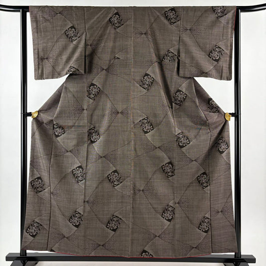 【美品】 大島紬織 身長158.5cm 袖長62.5cm S 雙層 純泥染 證書附帶 草花紋幾何圖案 焦茶 純蠶絲 優品級
