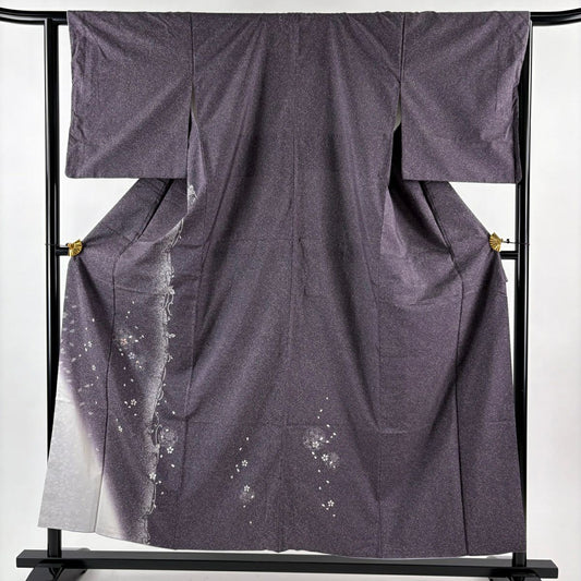 【美品】 付下 身長155cm 袖長63.5cm S 雙層 紬織織 櫻花 唐草紋 漸層 紫 純蠶絲 優品級