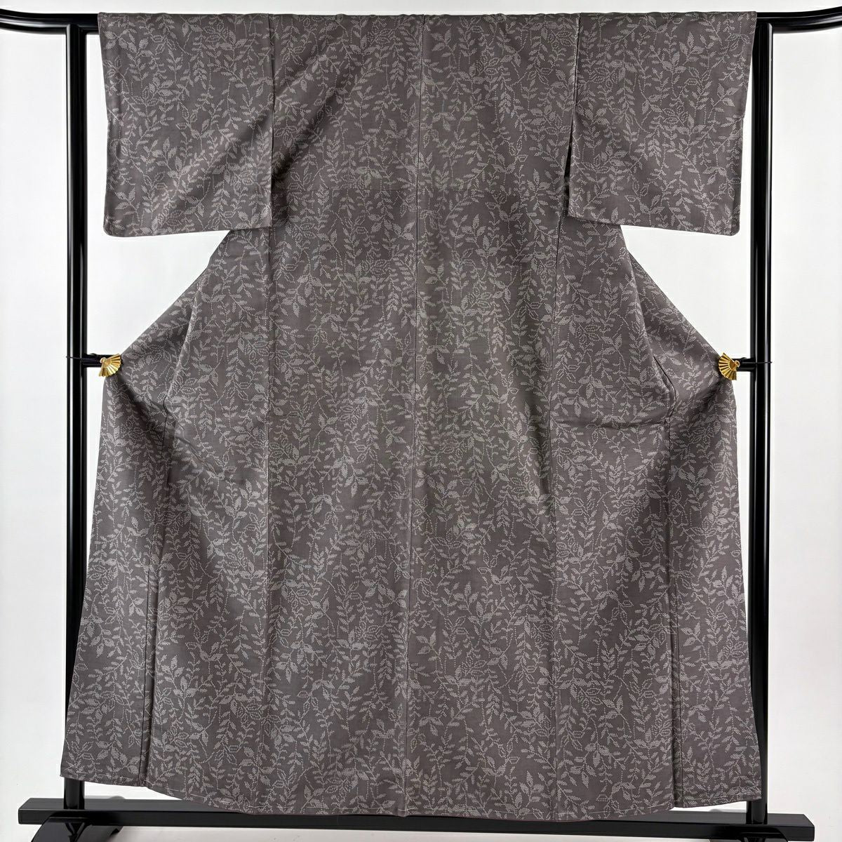 【美品】 紬織 身長157.5cm 袖長62.5cm S 雙層 志久美紬織 葉柄 灰紫 純蠶絲 秀品級