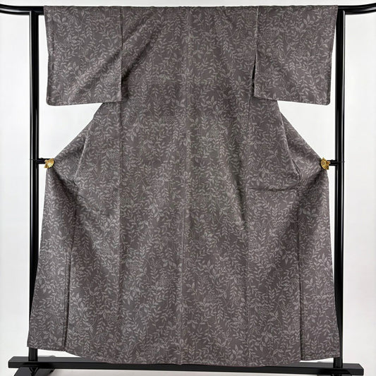 【美品】 紬織 身長157.5cm 袖長62.5cm S 雙層 志久美紬織 葉柄 灰紫 純蠶絲 秀品級
