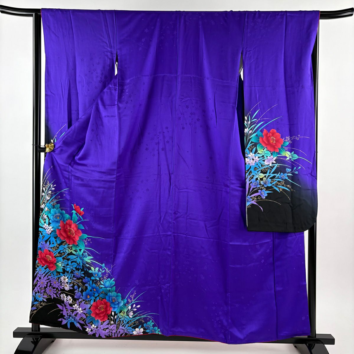 振袖禮服 身長157.5cm 袖長66cm M 雙層 草花紋紋 金彩裝飾 染分 紫 純蠶絲 秀品級