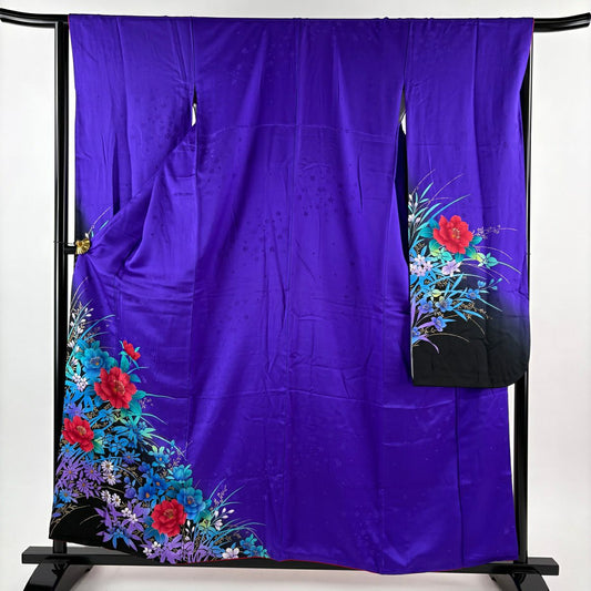 振袖禮服 身長157.5cm 袖長66cm M 雙層 草花紋紋 金彩裝飾 染分 紫 純蠶絲 秀品級