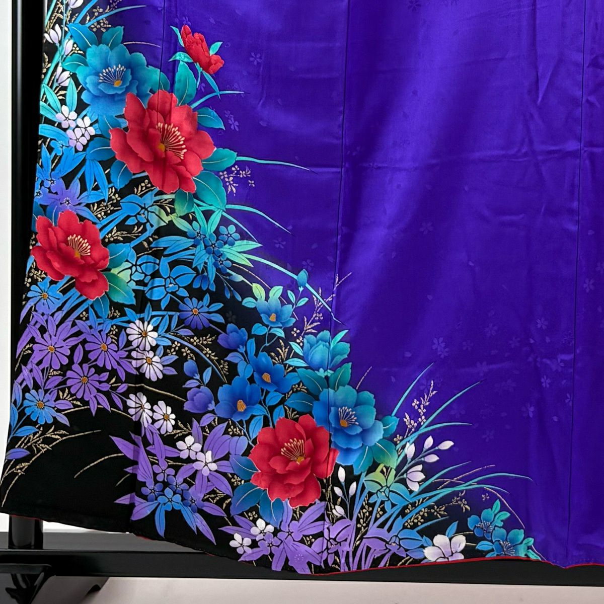 振袖禮服 身長157.5cm 袖長66cm M 雙層 草花紋紋 金彩裝飾 染分 紫 純蠶絲 秀品級