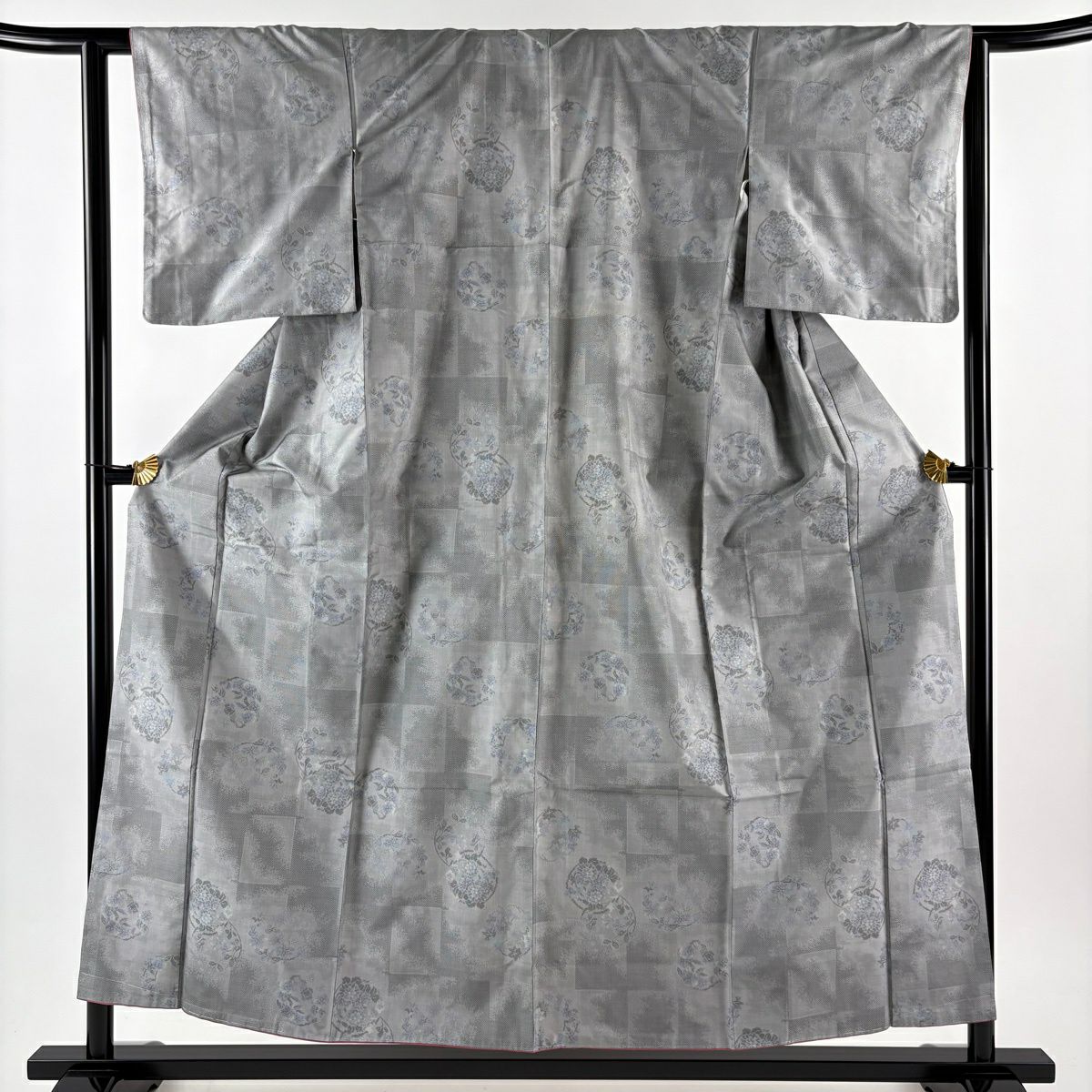 【美品】 紬織 身長155cm 袖長62.5cm S 雙層 大和 花丸紋 市松樹 灰色 純蠶絲 優品級