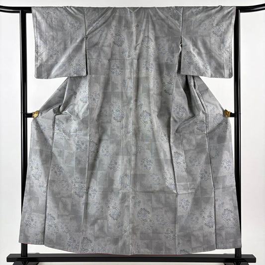 【美品】 紬織 身長155cm 袖長62.5cm S 雙層 大和 花丸紋 市松樹 灰色 純蠶絲 優品級