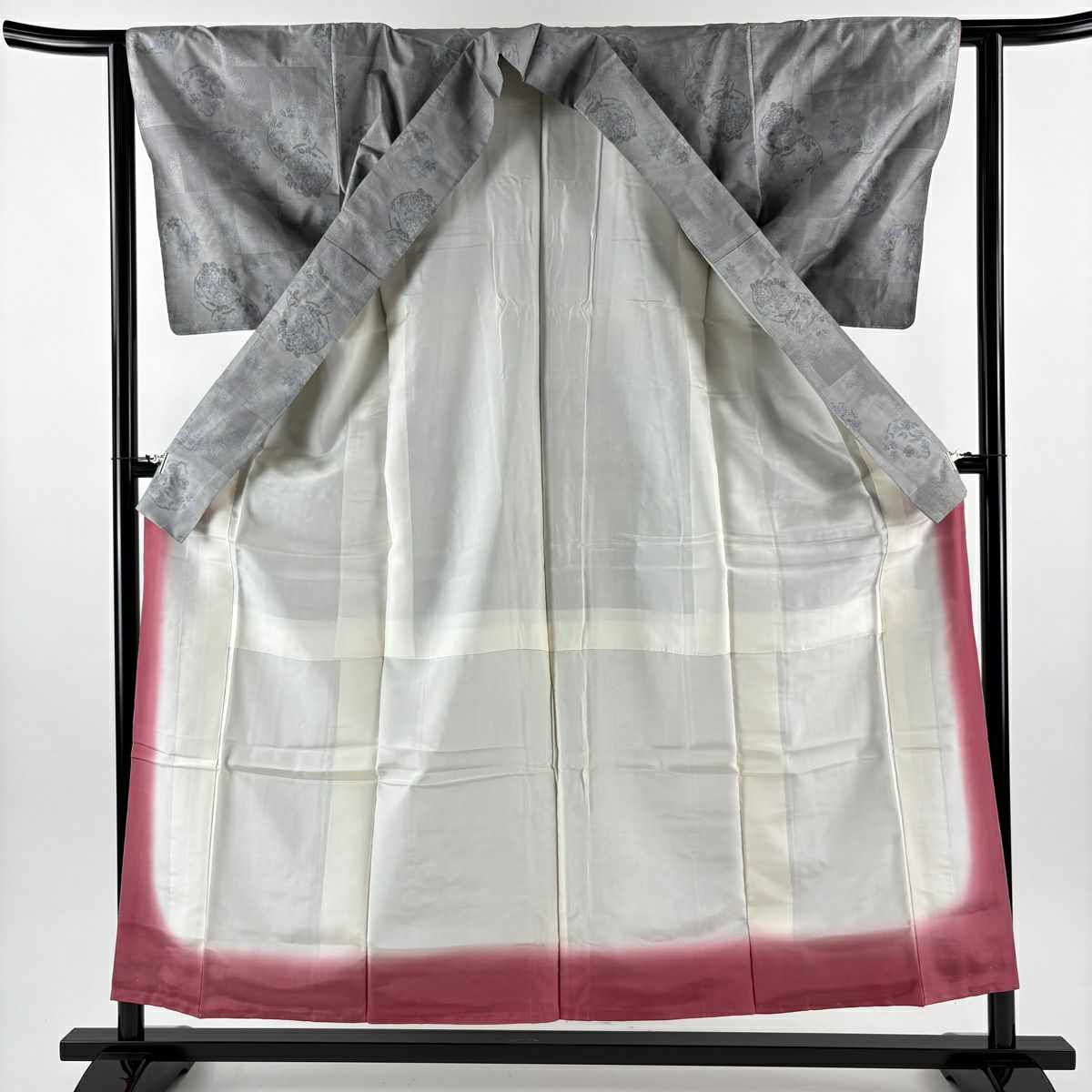 【美品】 紬織 身長155cm 袖長62.5cm S 雙層 大和 花丸紋 市松樹 灰色 純蠶絲 優品級