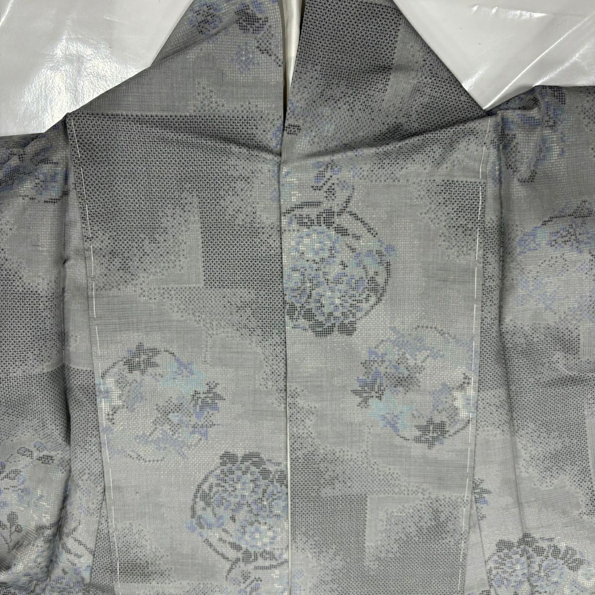 【美品】 紬織 身長155cm 袖長62.5cm S 雙層 大和 花丸紋 市松樹 灰色 純蠶絲 優品級