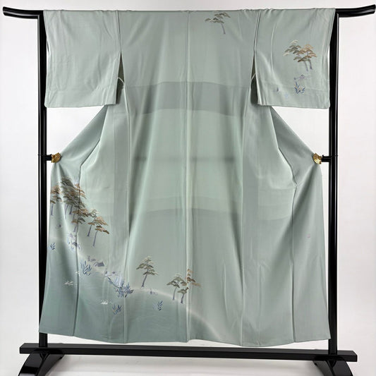 訪問服 身長154cm 袖長64.5cm M 雙層 落款 松樹 波頭 漸層 薄綠 純蠶絲 秀品級