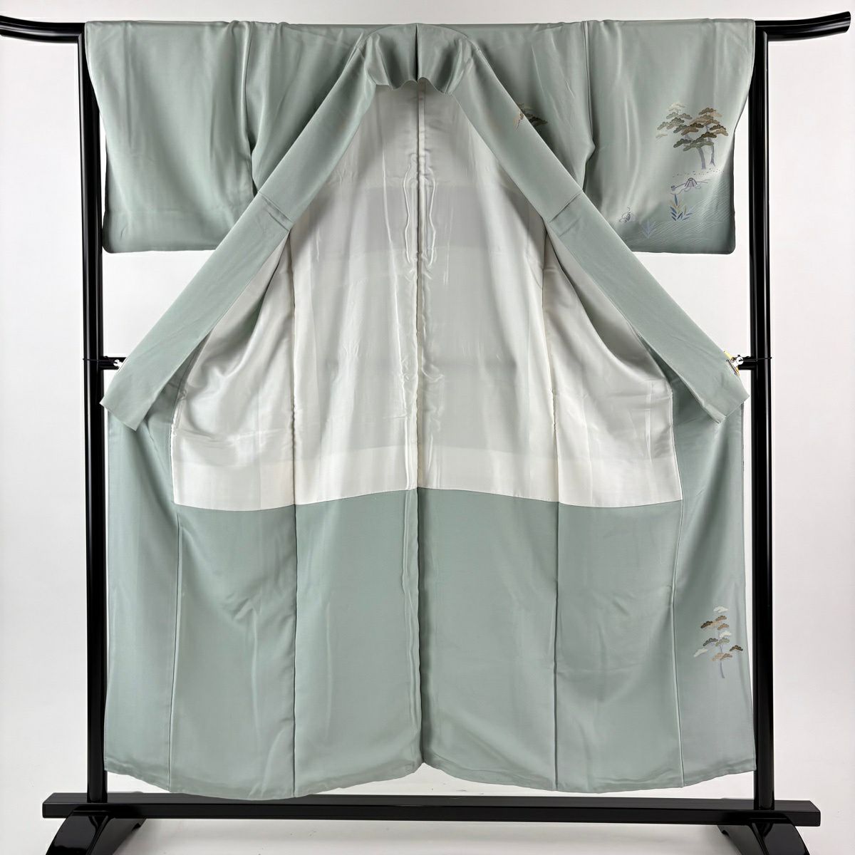 訪問服 身長154cm 袖長64.5cm M 雙層 落款 松樹 波頭 漸層 薄綠 純蠶絲 秀品級