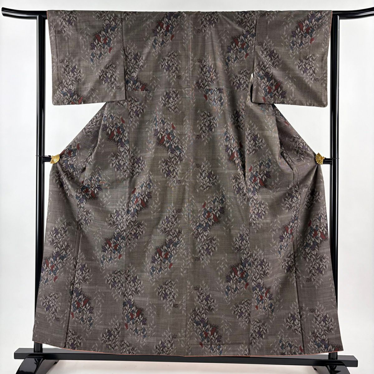 【美品】 紬織 身長158.5cm 袖長63cm S 雙層 葉柄 焦茶 純蠶絲 秀品級