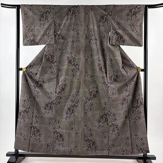【美品】 紬織 身長158.5cm 袖長63cm S 雙層 葉柄 焦茶 純蠶絲 秀品級