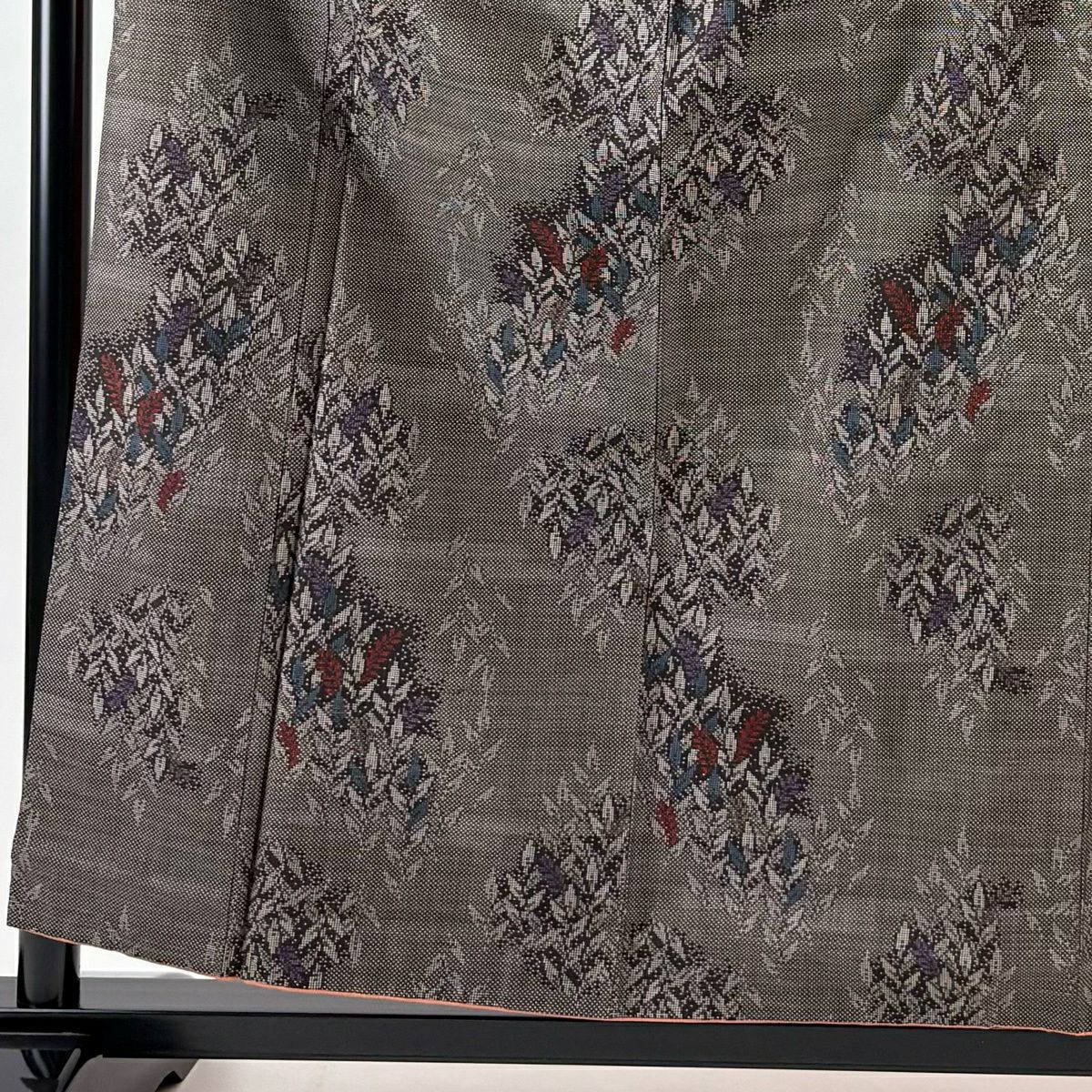 【美品】 紬織 身長158.5cm 袖長63cm S 雙層 葉柄 焦茶 純蠶絲 秀品級