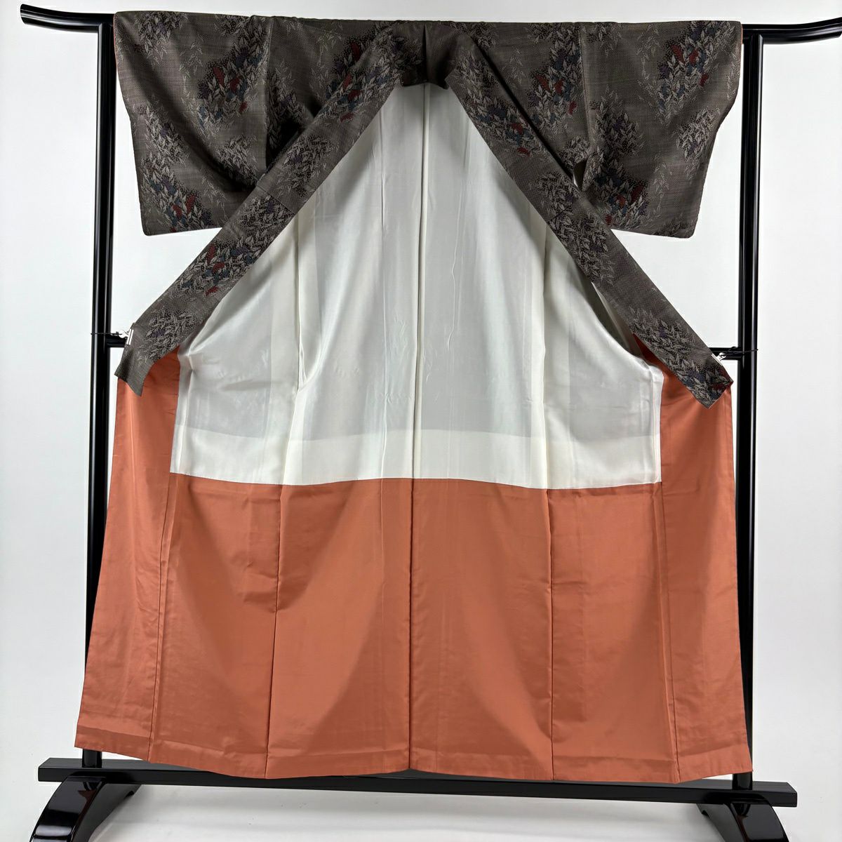 【美品】 紬織 身長158.5cm 袖長63cm S 雙層 葉柄 焦茶 純蠶絲 秀品級