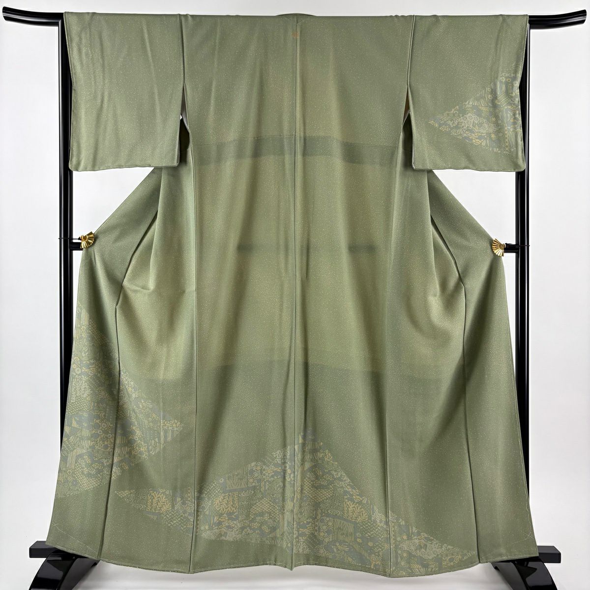 【美品】 付下 身長162cm 袖長66cm M 雙層 草花紋紋 観世水 よもぎ綠 純蠶絲 秀品級 一つ紋