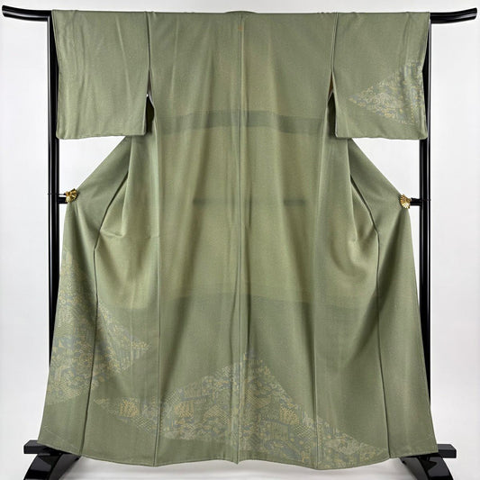 【美品】 付下 身長162cm 袖長66cm M 雙層 草花紋紋 観世水 よもぎ綠 純蠶絲 秀品級 一つ紋