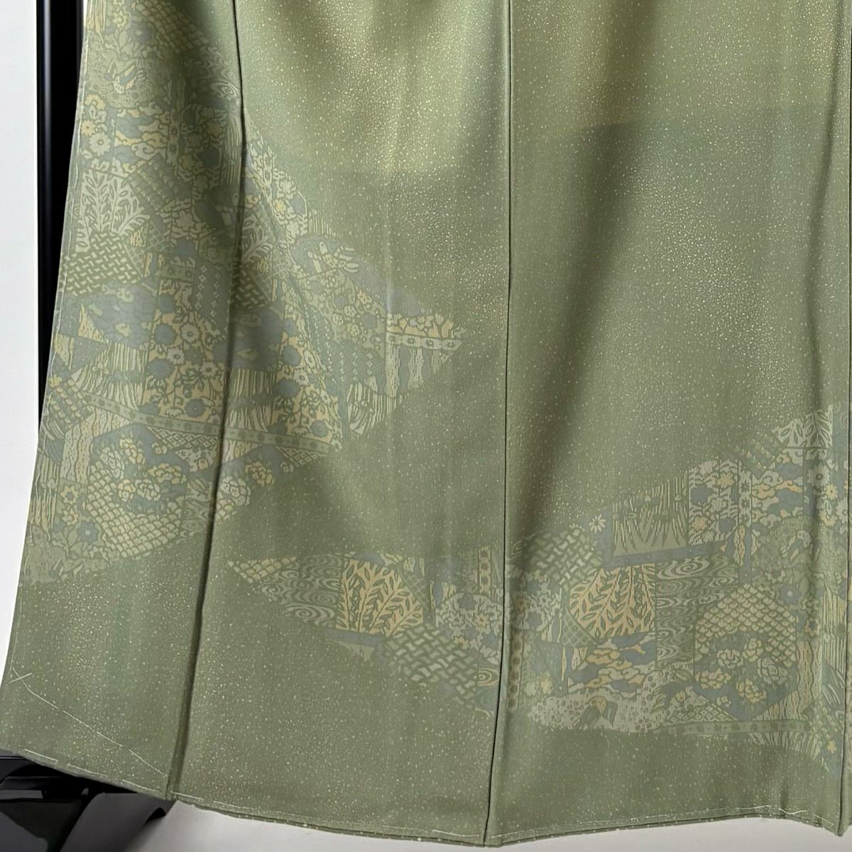 【美品】 付下 身長162cm 袖長66cm M 雙層 草花紋紋 観世水 よもぎ綠 純蠶絲 秀品級 一つ紋