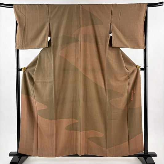 【美品】訪問服 身長160cm 袖長67.5cm L 雙層 落款あり 霞 縦縞 茶 純蠶絲 秀品級