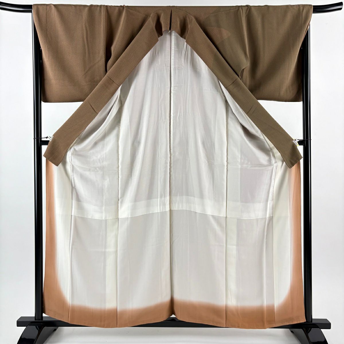 【美品】訪問服 身長160cm 袖長67.5cm L 雙層 落款あり 霞 縦縞 茶 純蠶絲 秀品級