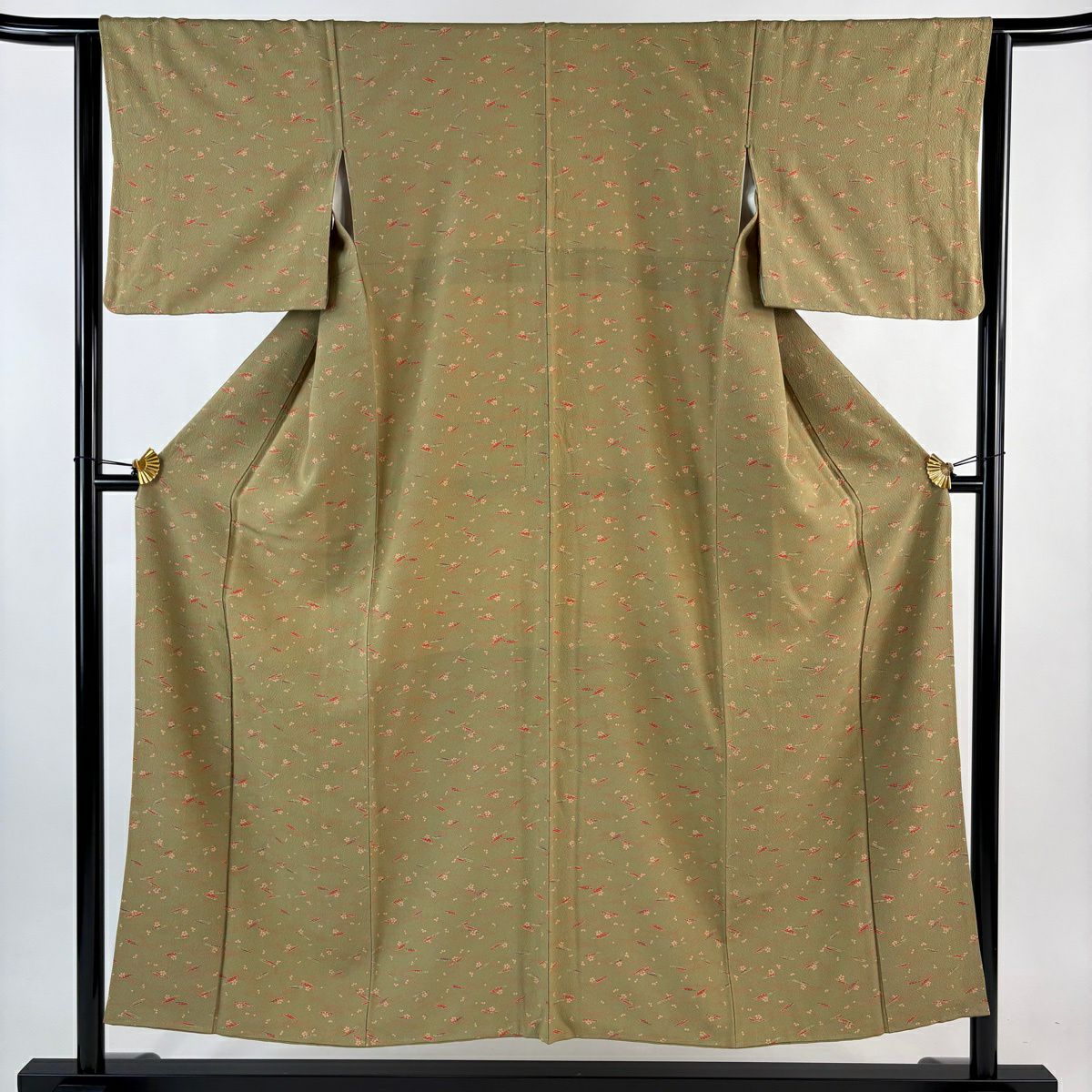 小紋 身長152cm 袖長63cm S 雙層 笛 櫻花 灰綠 純蠶絲 秀品級