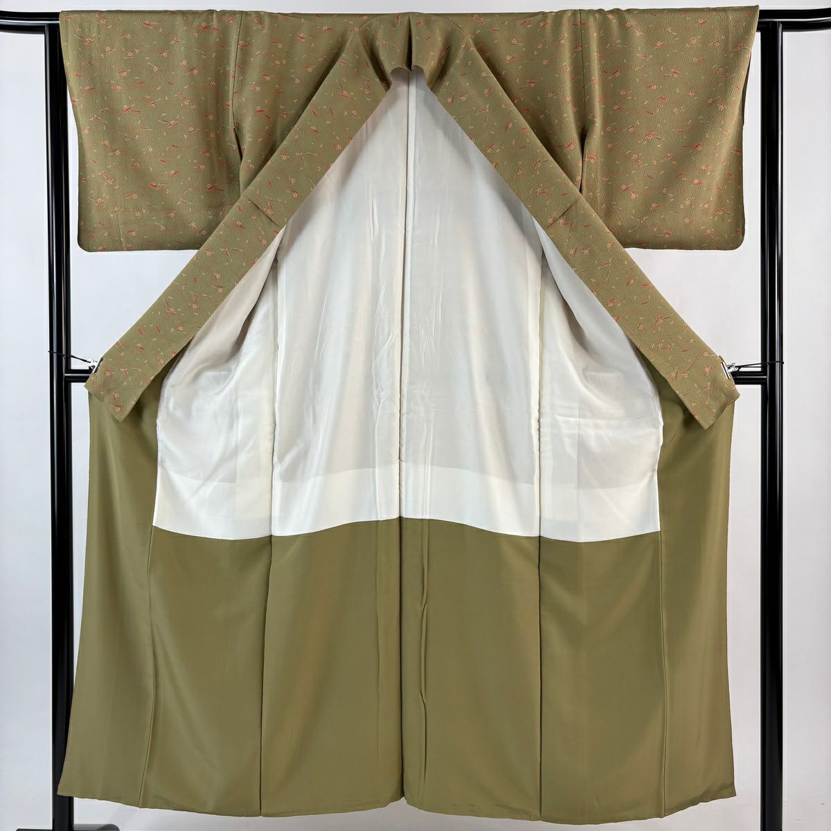 小紋 身長152cm 袖長63cm S 雙層 笛 櫻花 灰綠 純蠶絲 秀品級