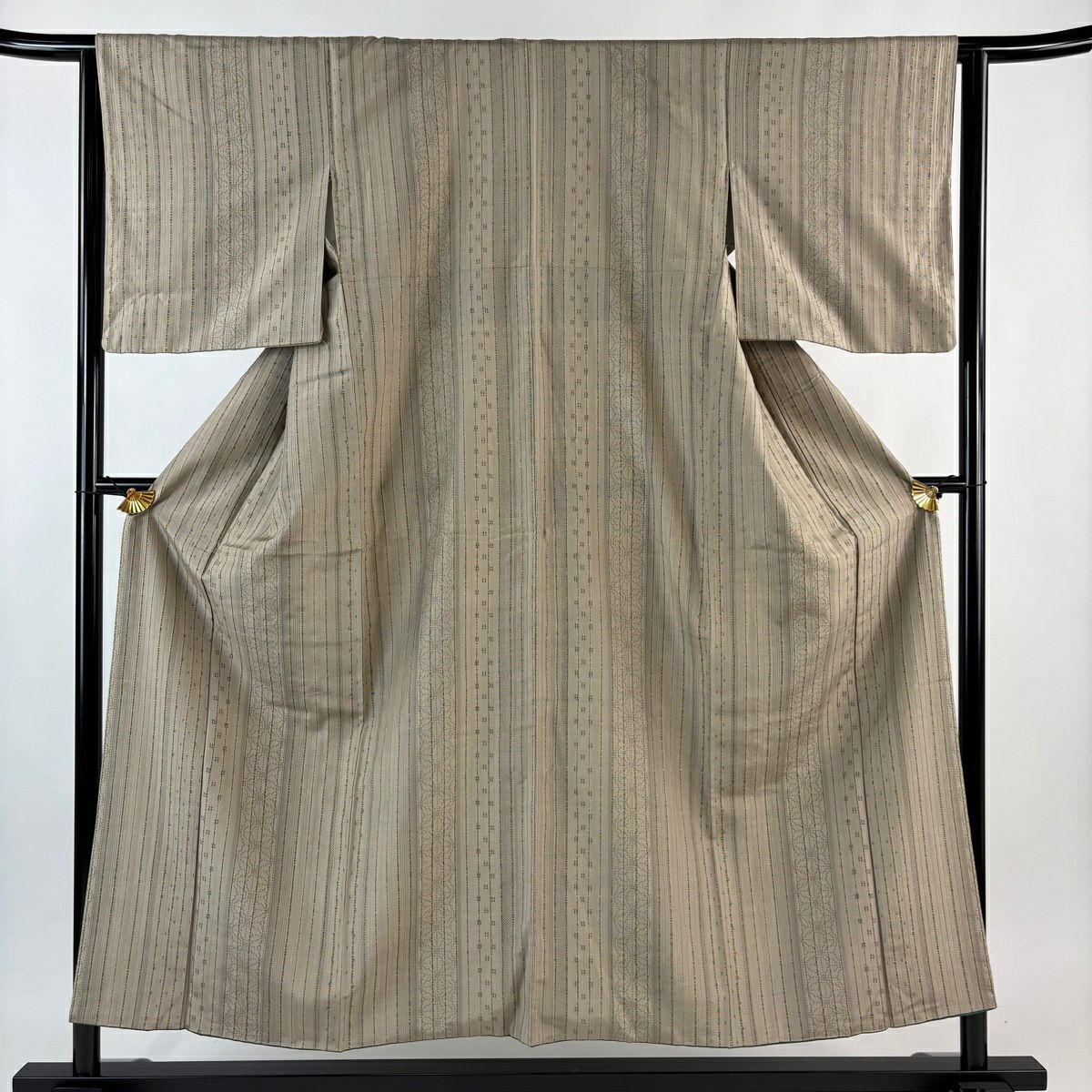 【美品】 紬織 身長154cm 袖長63.5cm S 雙層 條紋 井桁絣 淺茶 純蠶絲 優品級