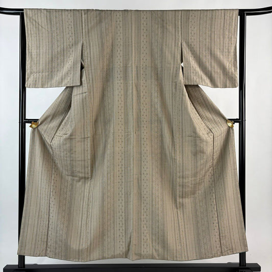 【美品】 紬織 身長154cm 袖長63.5cm S 雙層 條紋 井桁絣 淺茶 純蠶絲 優品級