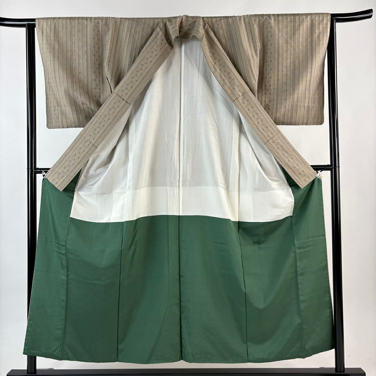 【美品】 紬織 身長154cm 袖長63.5cm S 雙層 條紋 井桁絣 淺茶 純蠶絲 優品級
