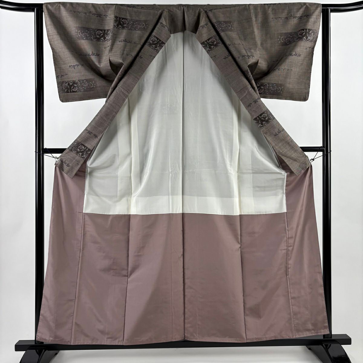 【美品】 紬織 身長159cm 袖長62cm S 雙層 草花紋 茶 純蠶絲 秀品級