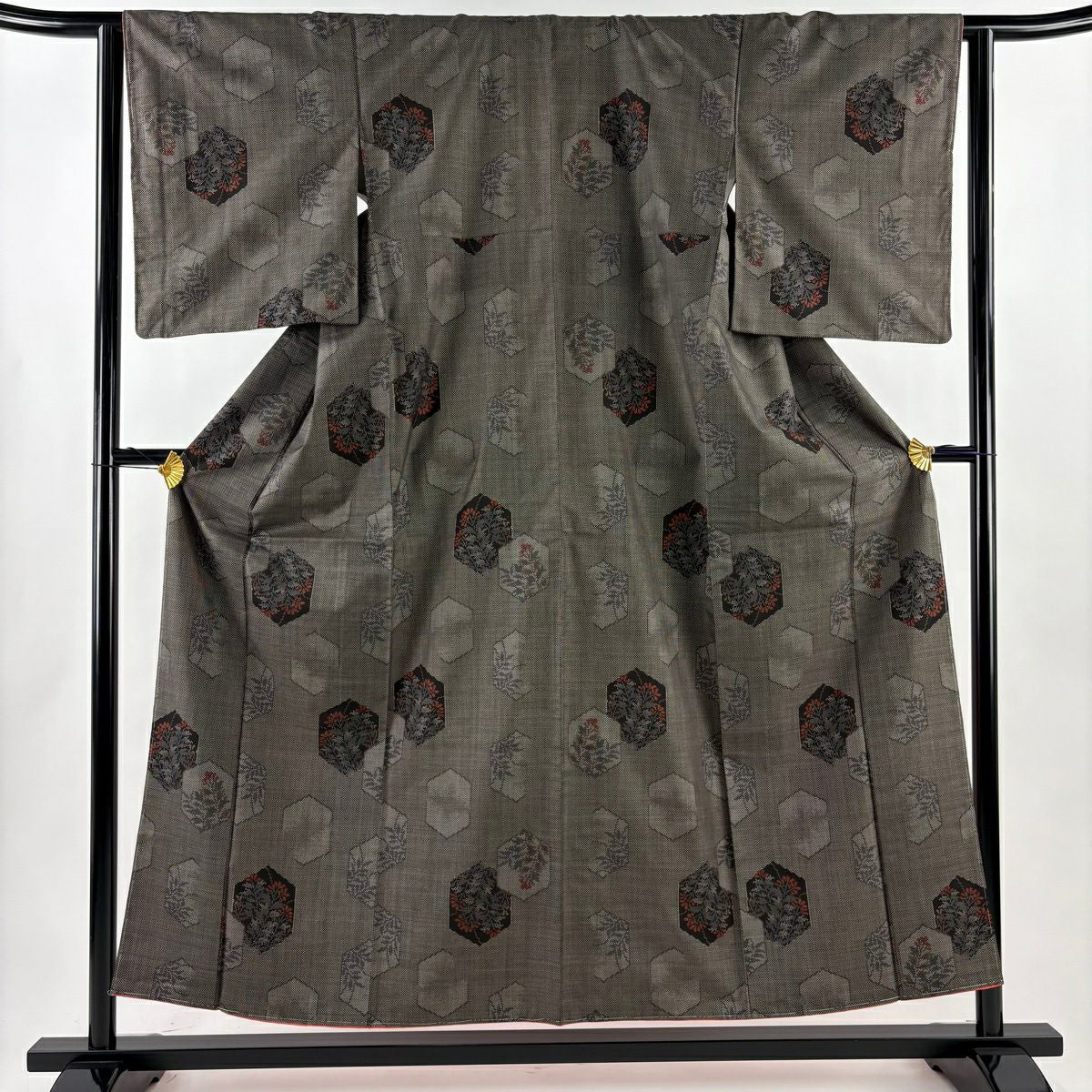 【美品】 紬織 身長155cm 袖長63.5cm S 雙層 草花紋 龜甲 黑灰 純蠶絲 秀品級