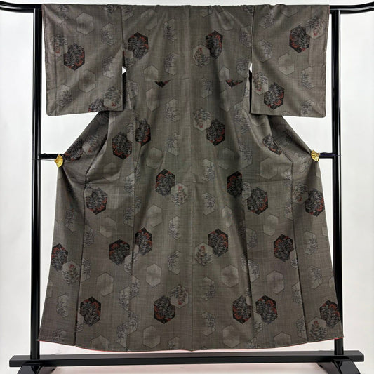 【美品】 紬織 身長155cm 袖長63.5cm S 雙層 草花紋 龜甲 黑灰 純蠶絲 秀品級
