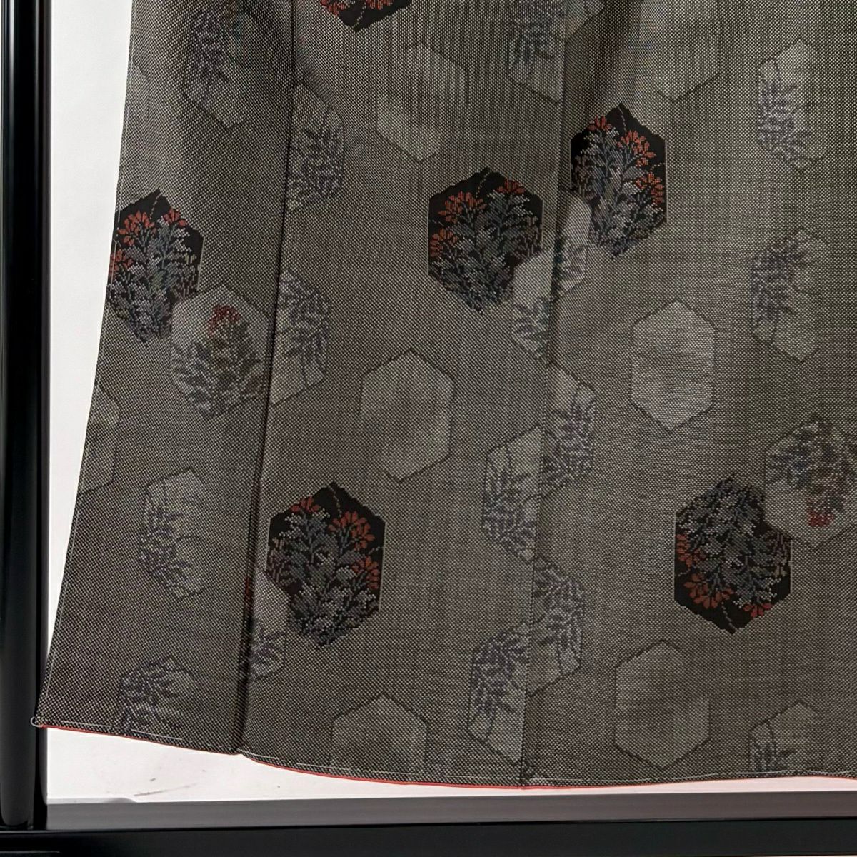 【美品】 紬織 身長155cm 袖長63.5cm S 雙層 草花紋 龜甲 黑灰 純蠶絲 秀品級