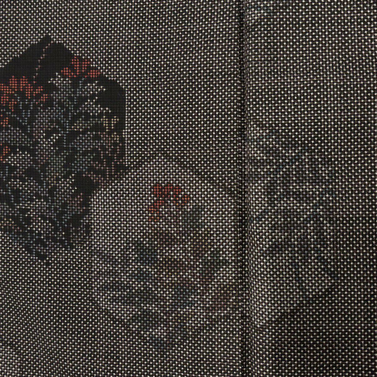 【美品】 紬織 身長155cm 袖長63.5cm S 雙層 草花紋 龜甲 黑灰 純蠶絲 秀品級