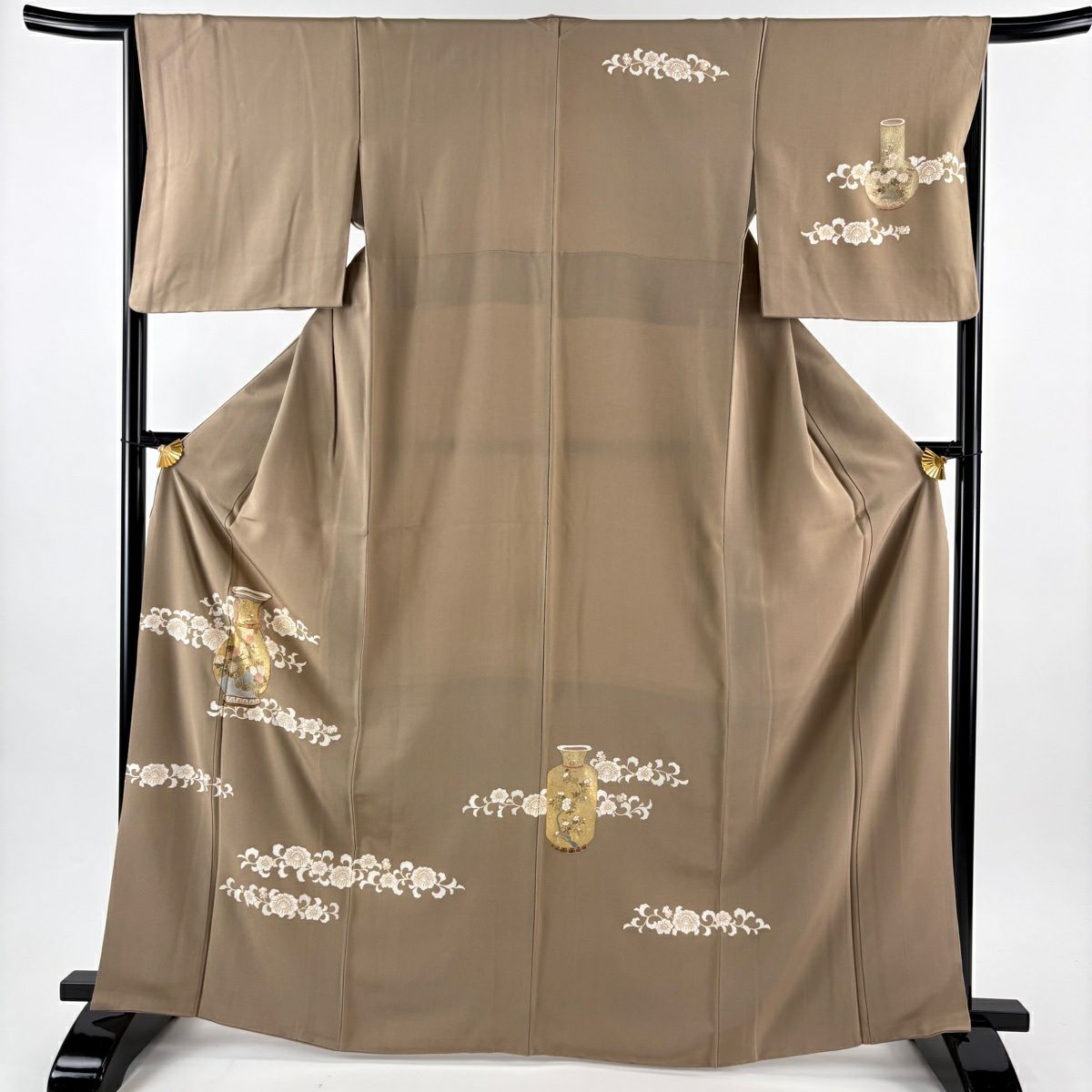 訪問服 身長166cm 袖長65.5cm M 雙層 花器 花唐草紋 金銀彩 金絲 淺茶 純蠶絲 優品級