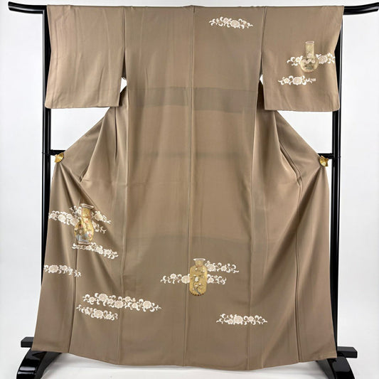 訪問服 身長166cm 袖長65.5cm M 雙層 花器 花唐草紋 金銀彩 金絲 淺茶 純蠶絲 優品級