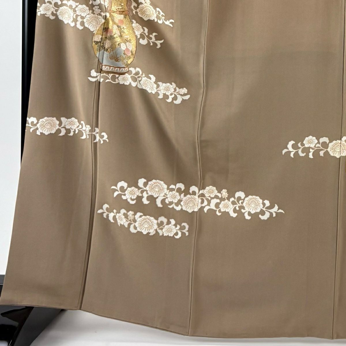 訪問服 身長166cm 袖長65.5cm M 雙層 花器 花唐草紋 金銀彩 金絲 淺茶 純蠶絲 優品級