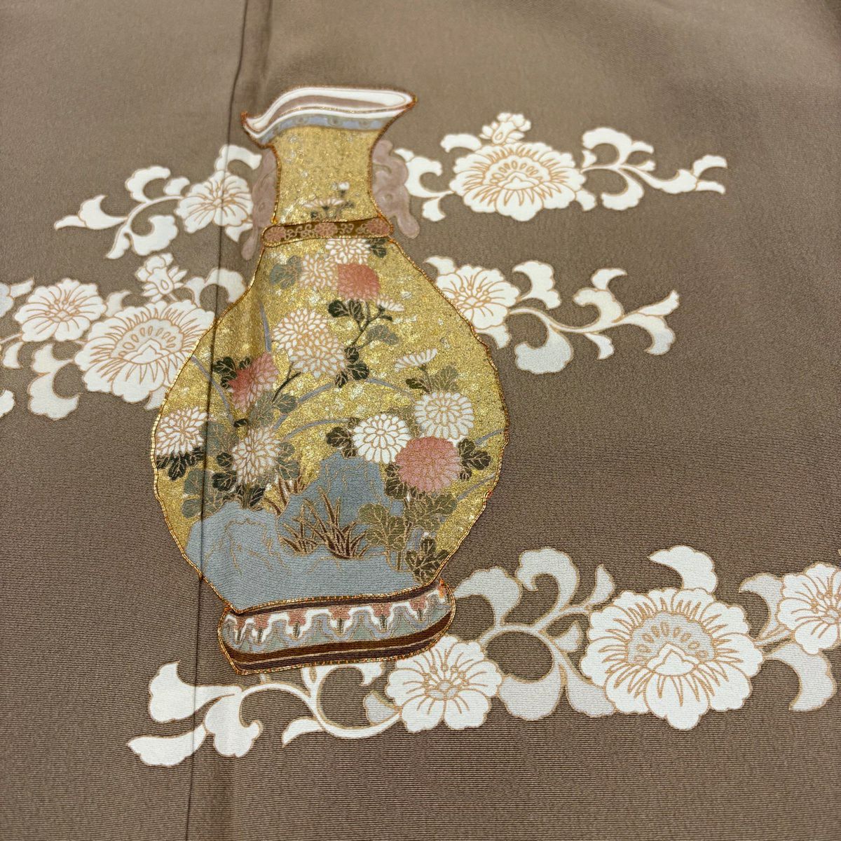 訪問服 身長166cm 袖長65.5cm M 雙層 花器 花唐草紋 金銀彩 金絲 淺茶 純蠶絲 優品級