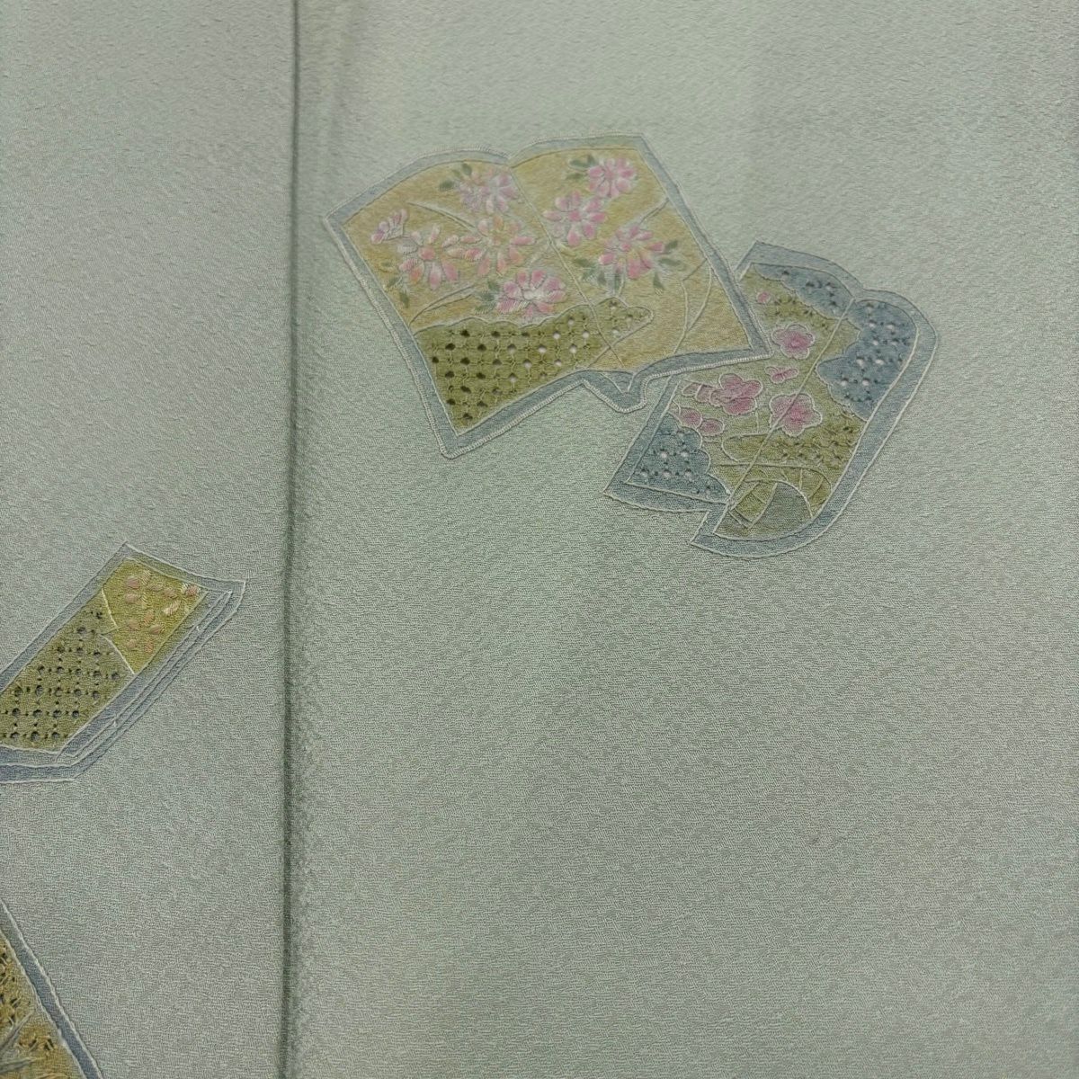 付下 身長160.5cm 袖長67cm M 雙層 冊子 草花紋紋 刺繡 淺綠 純蠶絲 秀品級
