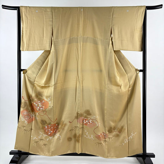 色留袖禮服 身長159.5cm 袖長65cm M 雙層 文箱 松樹竹子梅花 金銀彩 金絲 米色 純蠶絲 秀品級 三つ紋