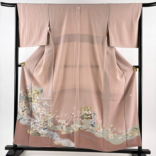 色留袖禮服 身長157cm 袖長65.5cm M 雙層 落款あり 色紙 草花紋紋 金絲 金銀彩 粉紅 純蠶絲 秀品級 一つ紋